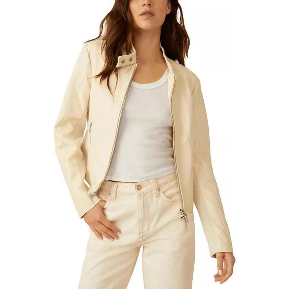 Free People Max Vegan Leather Cream Moto Jacket Women's size XL